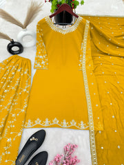 Fantastic Embroidery Sequence Work Yellow Color Top With Plazzo Suit