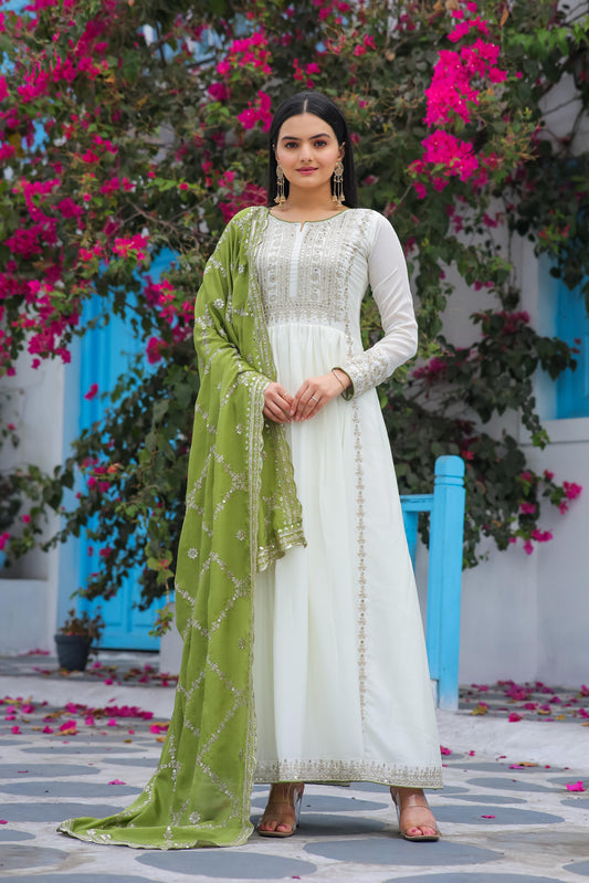 Outstanding Sequence Work White Color Gown