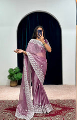 Glimmering Embroidery Work Peach Color Saree