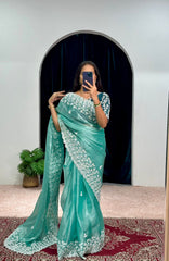 Glimmering Embroidery Work Sky Blue Color Saree