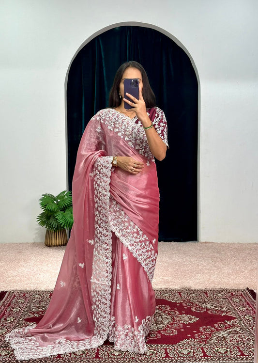 Glimmering Embroidery Work Pink Color Saree