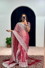 Glimmering Embroidery Work Pink Color Saree