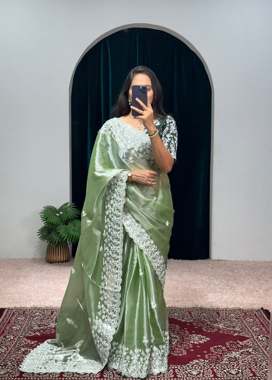 Glimmering Embroidery Work Green Color Saree