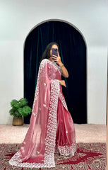 Glimmering Embroidery Work Pink Color Saree