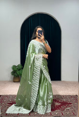 Glimmering Embroidery Work Green Color Saree