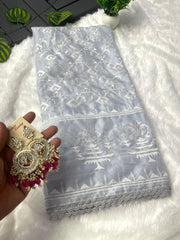 Classic Thread Work Gray Color Saree