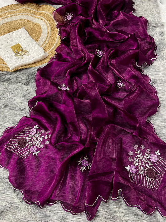 Ceremony Wear Wine Color Organza Saree