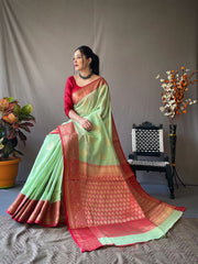 Festive Wear Linen Zari Weaving Pista Color Saree