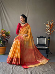 Festive Wear Linen Zari Weaving Orange Color Saree