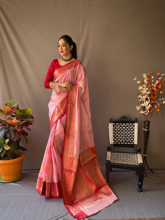 Festive Wear Linen Zari Weaving Pink Color Saree