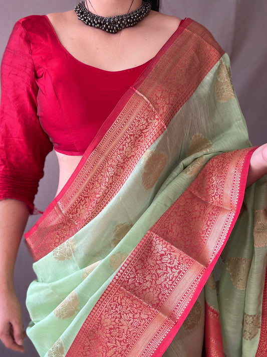 Festive Wear Linen Zari Weaving Pista Color Saree