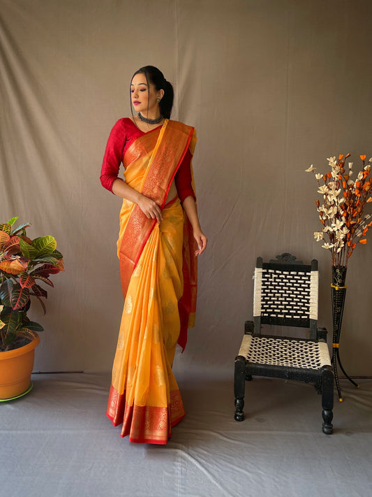 Festive Wear Linen Zari Weaving Orange Color Saree