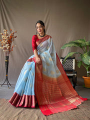 Festive Wear Linen Zari Weaving Sky Blue Color Saree