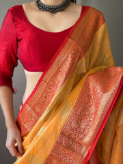 Festive Wear Linen Zari Weaving Orange Color Saree