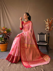 Festive Wear Linen Zari Weaving Pink Color Saree