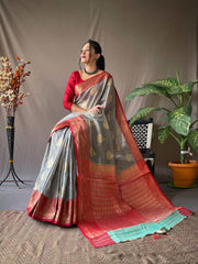 Festive Wear Linen Zari Weaving Grey Color Saree