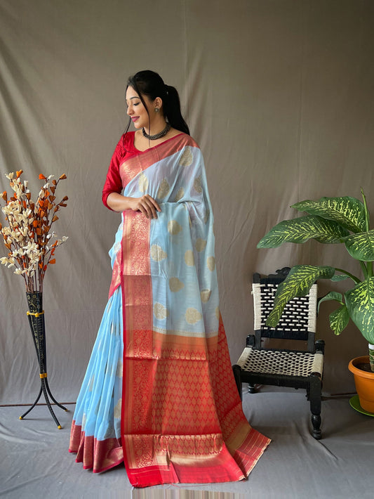 Festive Wear Linen Zari Weaving Sky Blue Color Saree