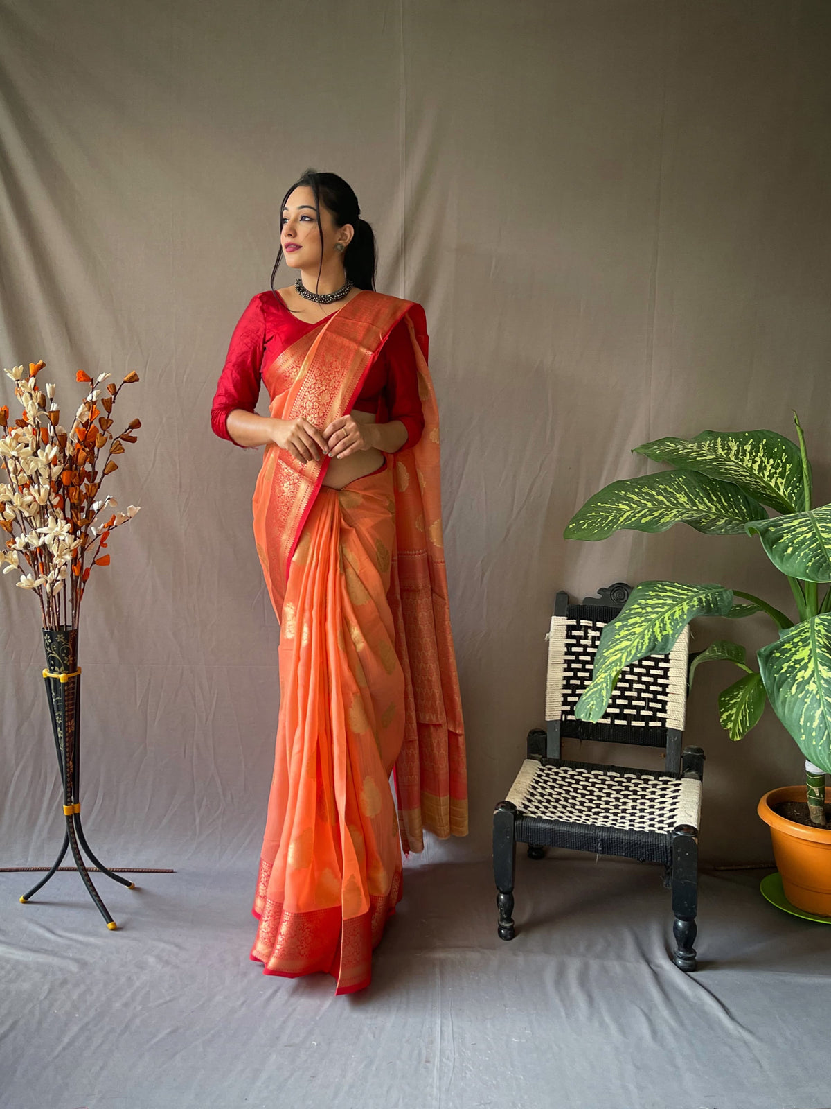 Festive Wear Linen Zari Weaving Orange Color Saree