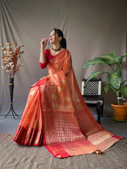 Festive Wear Linen Zari Weaving Orange Color Saree