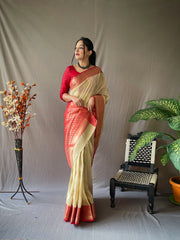 Festive Wear Linen Zari Weaving Cream Color Saree