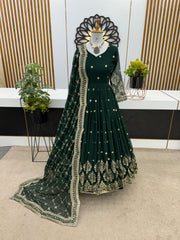 Mesmerizing Embroidery Sequence Work Green Color Long Gown