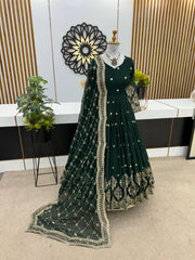 Mesmerizing Embroidery Sequence Work Green Color Long Gown