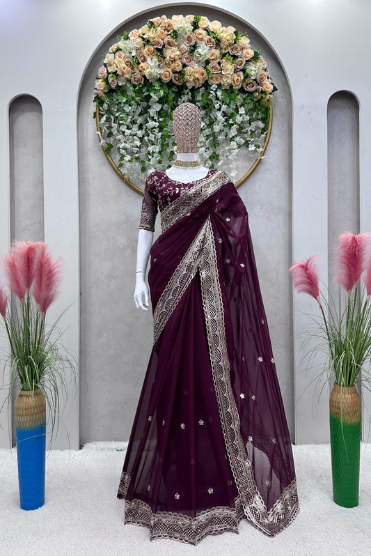 Beautiful Work Wine Color Function Wear Saree