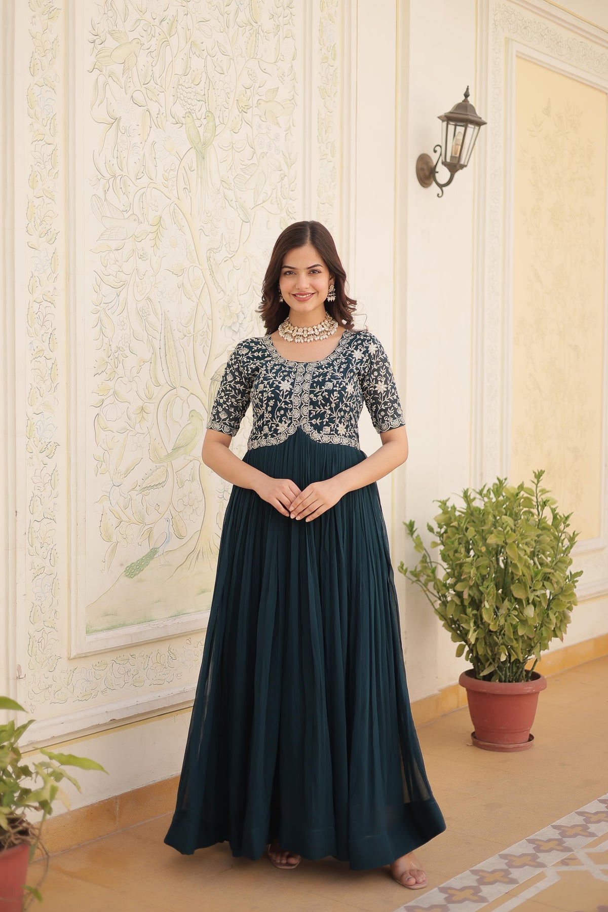 Zari Sequence Work Dark Green Color Gown