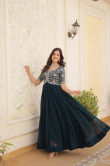 Zari Sequence Work Dark Green Color Gown