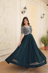 Zari Sequence Work Dark Green Color Gown