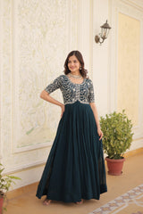 Zari Sequence Work Dark Green Color Gown