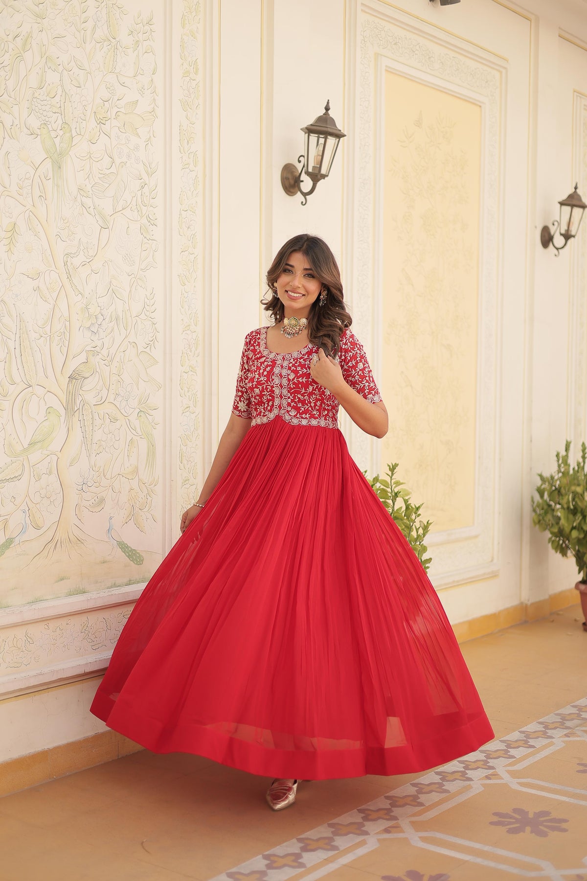 Zari Sequence Work Red Color Gown