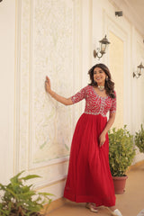 Zari Sequence Work Red Color Gown