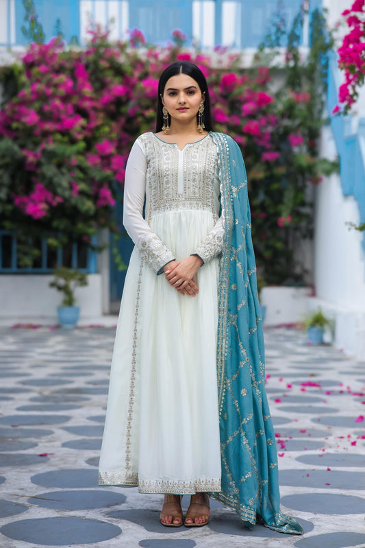 Outstanding Sequence Work Sky Blue Color Gown