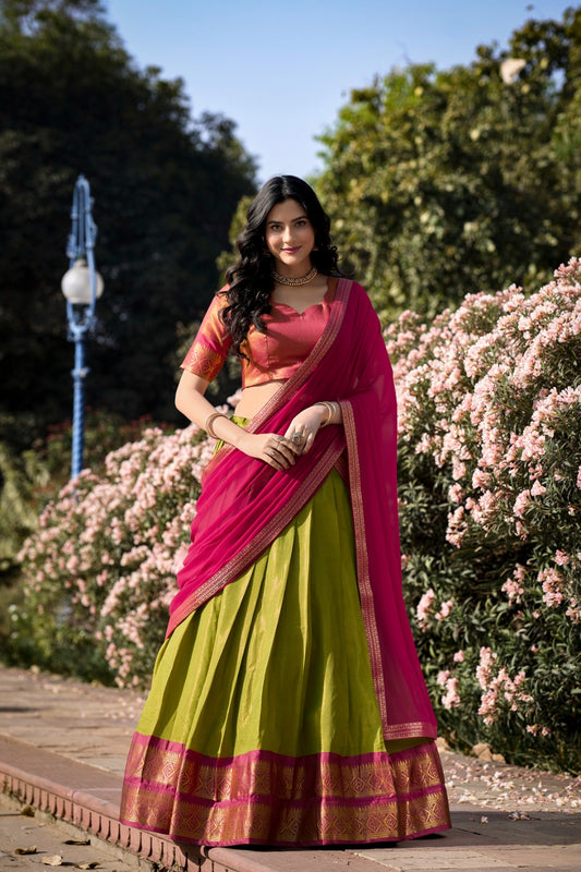 Embellished Zari Weaving Work Green Color Lehenga Choli