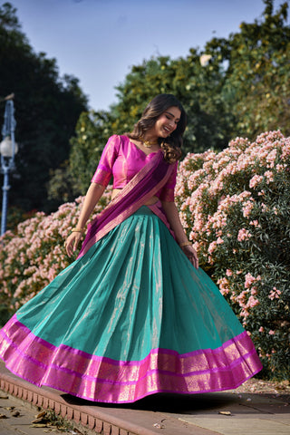 Embellished Zari Weaving Work Sky Blue Color Lehenga Choli