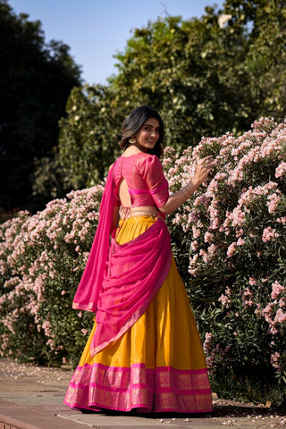 Embellished Zari Weaving Work Pink Color Lehenga Choli