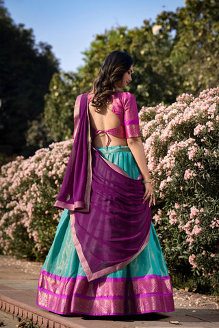 Embellished Zari Weaving Work Sky Blue Color Lehenga Choli
