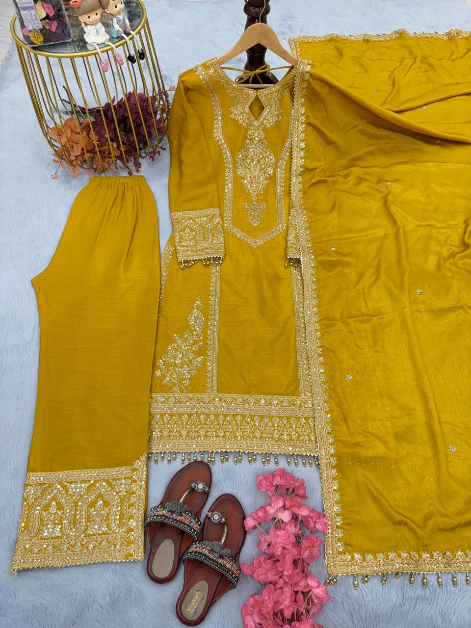 Imposing Chinon Silk Yellow Color Top With Plazzo