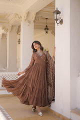 Captivating Embroidered Work Brown Color Layer Flair Gown