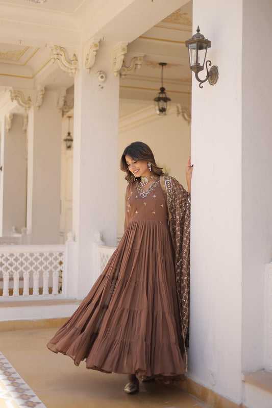 Captivating Embroidered Work Brown Color Layer Flair Gown