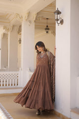 Captivating Embroidered Work Brown Color Layer Flair Gown