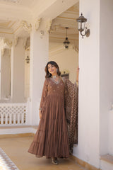 Captivating Embroidered Work Brown Color Layer Flair Gown