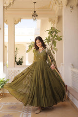 Captivating Embroidered Work Green Color Layer Flair Gown