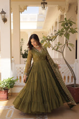 Captivating Embroidered Work Green Color Layer Flair Gown