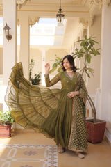 Captivating Embroidered Work Green Color Layer Flair Gown