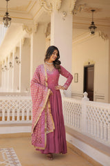 Captivating Embroidered Work Pink Color Layer Flair Gown