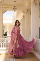 Captivating Embroidered Work Pink Color Layer Flair Gown