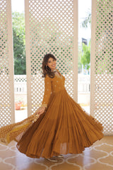 Captivating Embroidered Work Yellow Color Layer Flair Gown