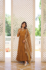 Captivating Embroidered Work Yellow Color Layer Flair Gown